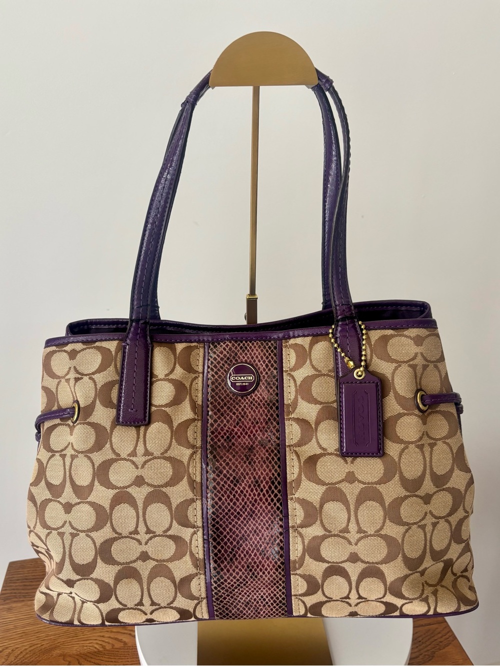 COACH VINTAGE CANVAS SIGNATURE HANDBAG TOTE, PURPLE PYTHON LEATHER